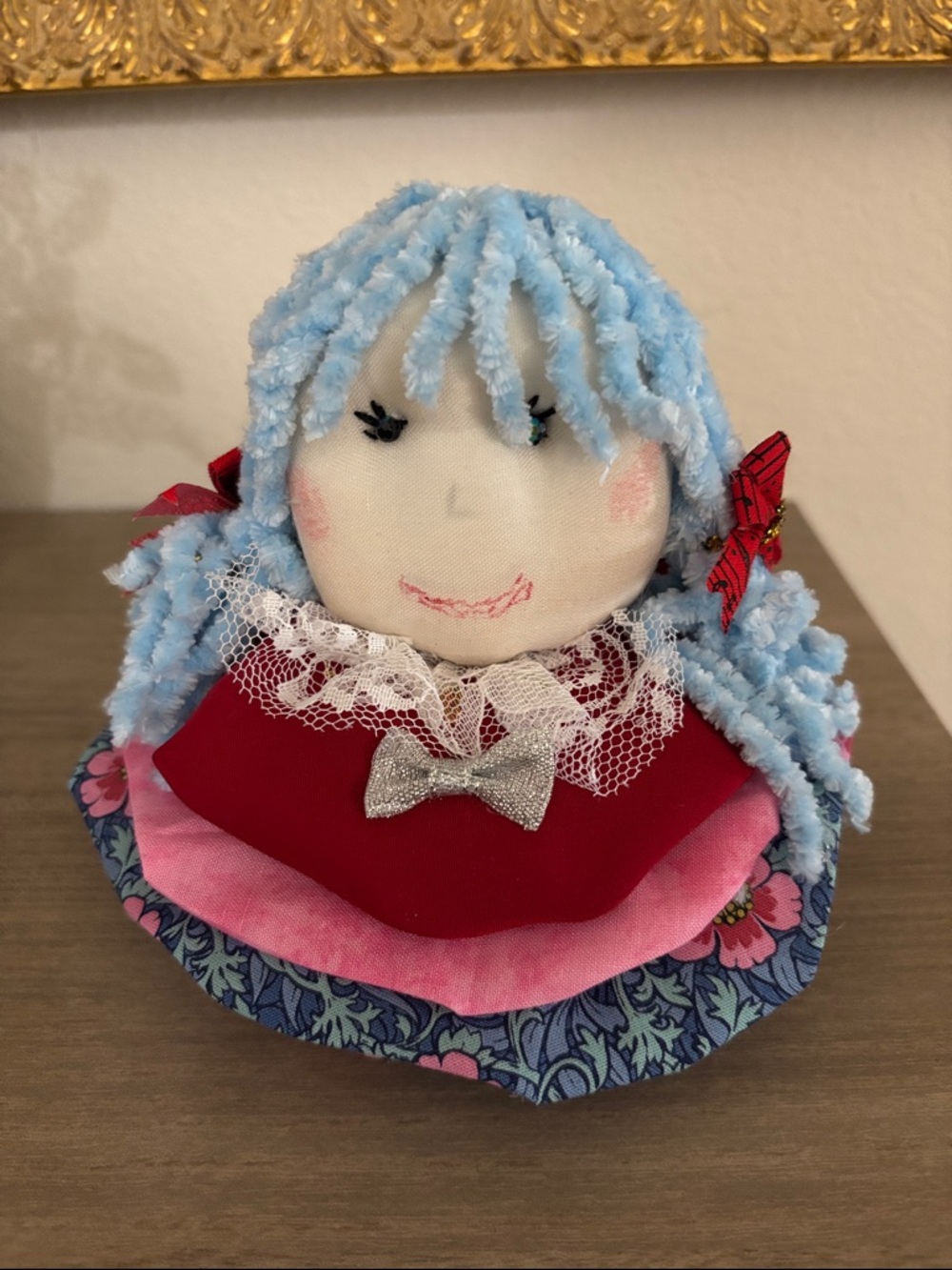 Handmade Blue-Haired Rag Doll with Floral Skirt